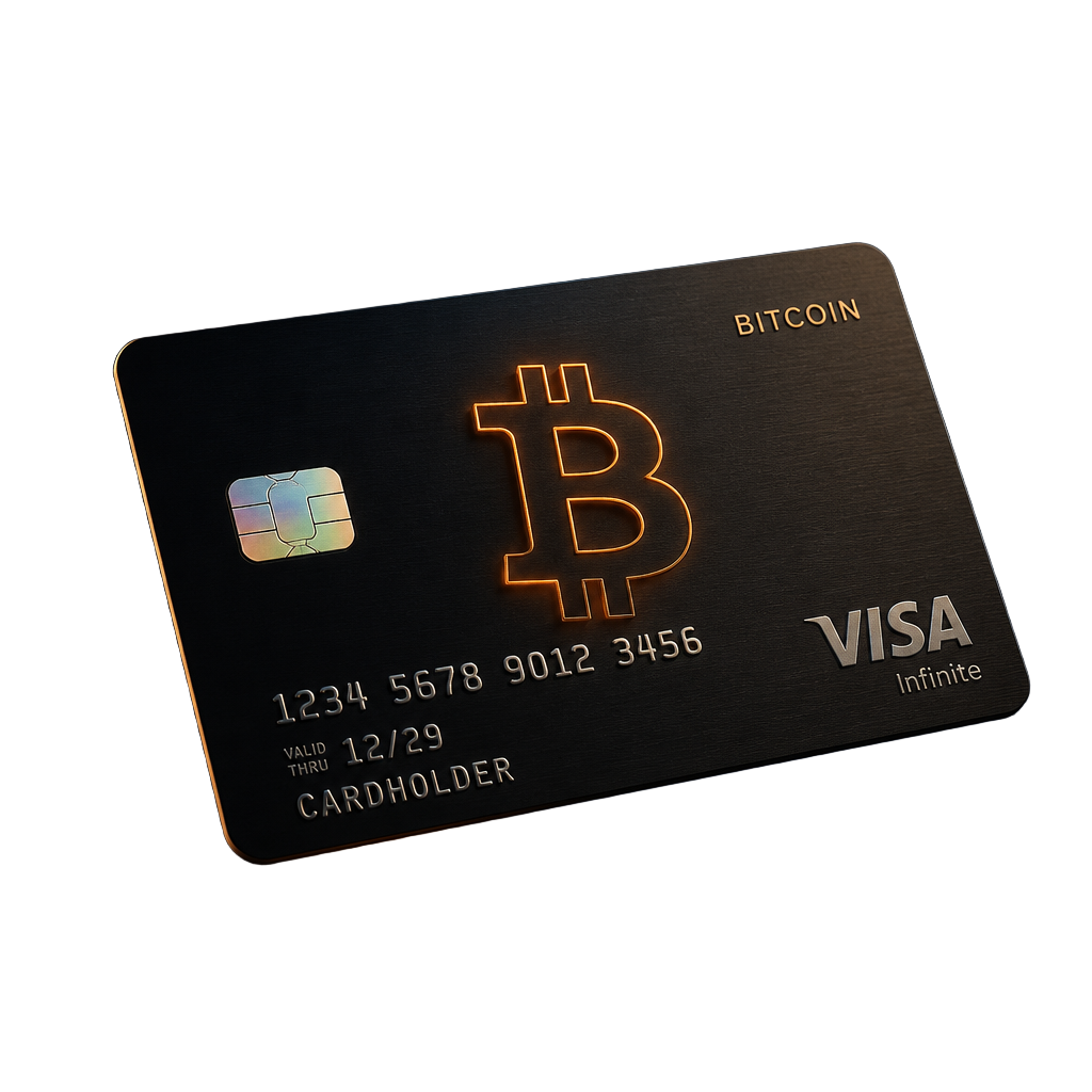 Black Bitcoin debit card rendered in 3D
